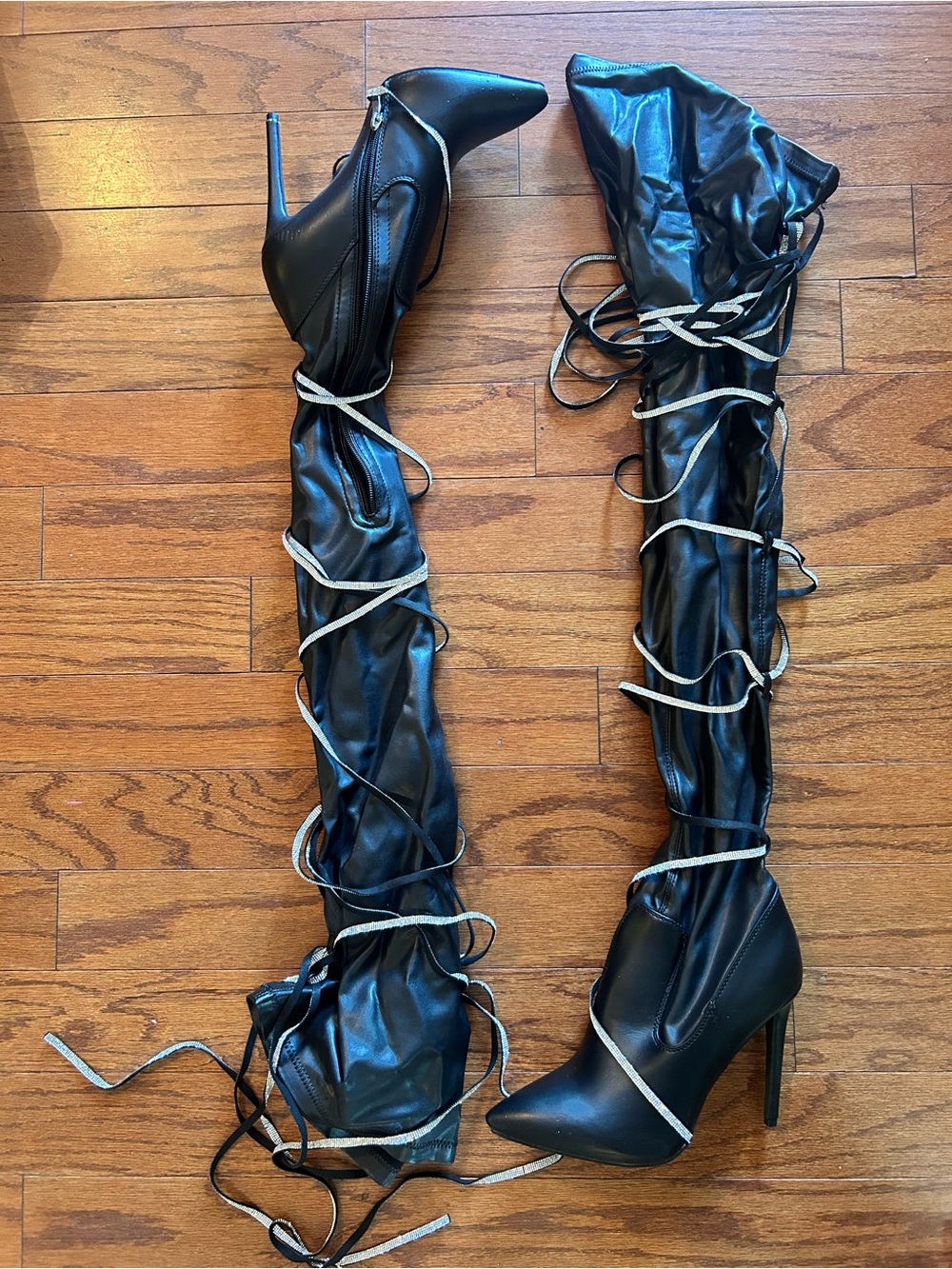 Women's Black Over-the-Knee Rhinestone Lace-Up Stiletto Boots